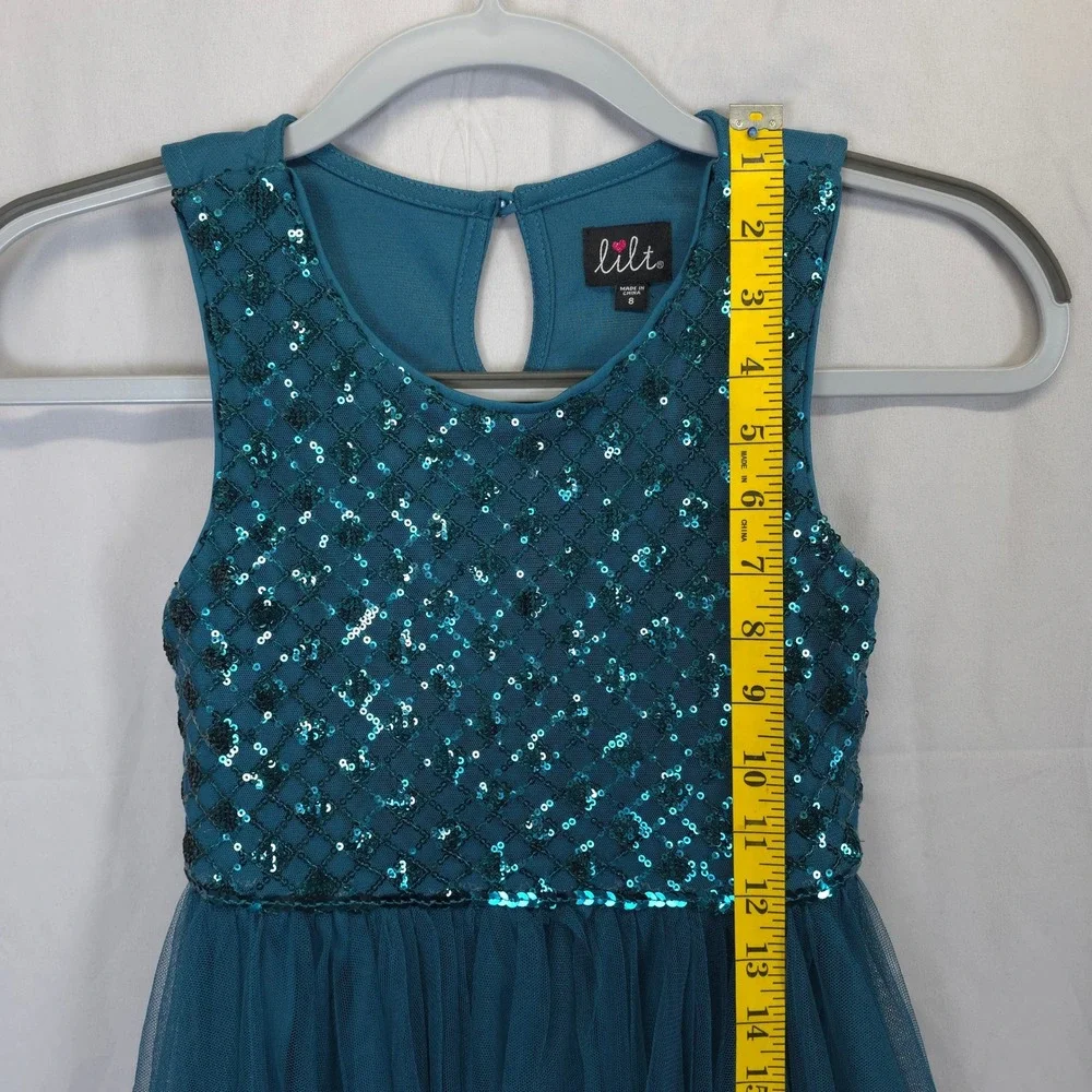Lilt Teal Sequin Tulle Dress Girls 8 Handkerchief Hem Sleeveless Party‎ Festive